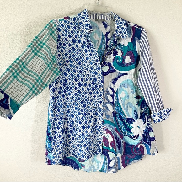 HABITAT Patchwork Button Up Shirt Blouse S Artsy Vacation Spring Boho Lagenlook - Picture 11 of 12